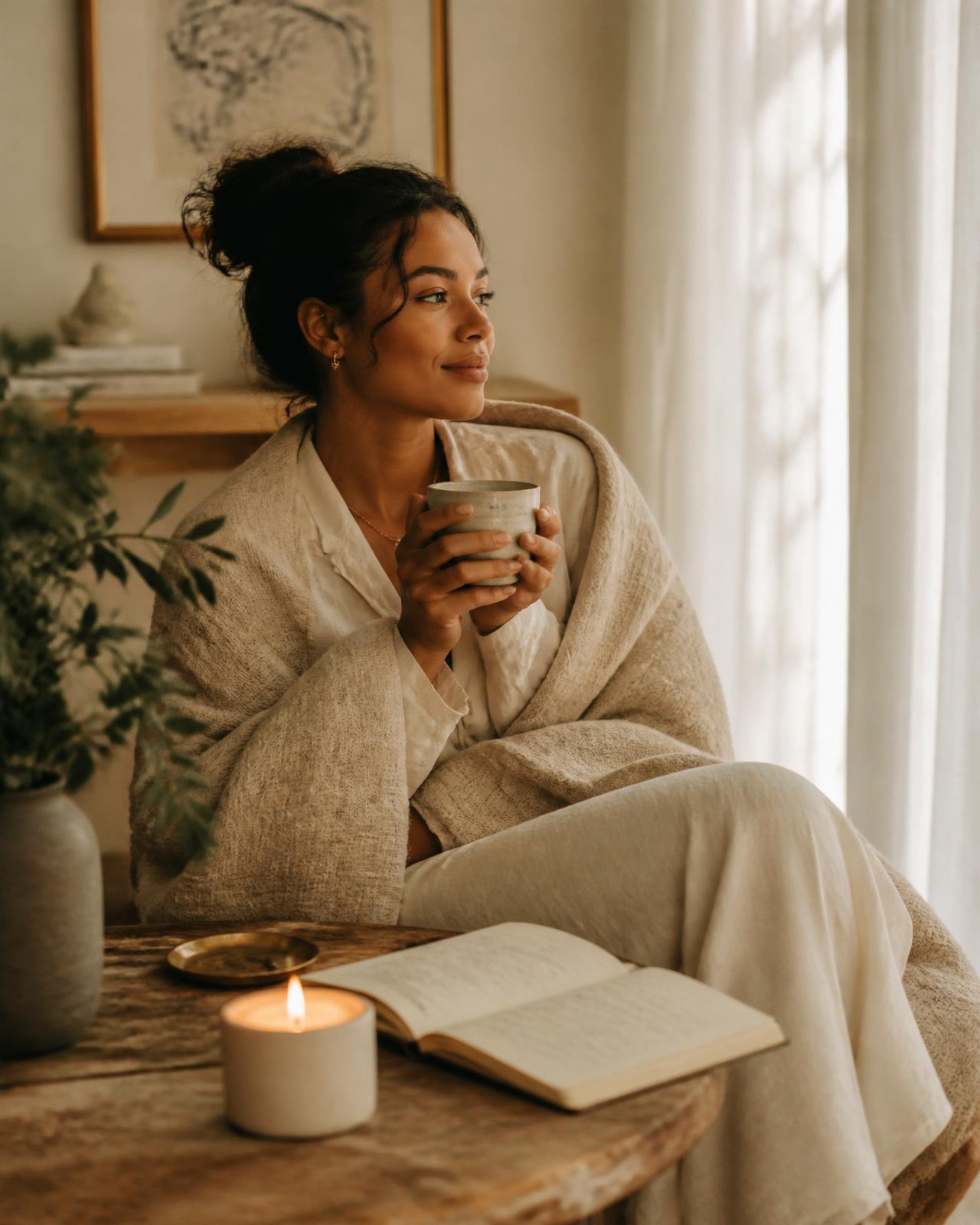 A moment of intentional self-care — soft light, warm textures, and quiet reflection.